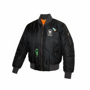 Kids Black Bomber Jacket with Alien Patches